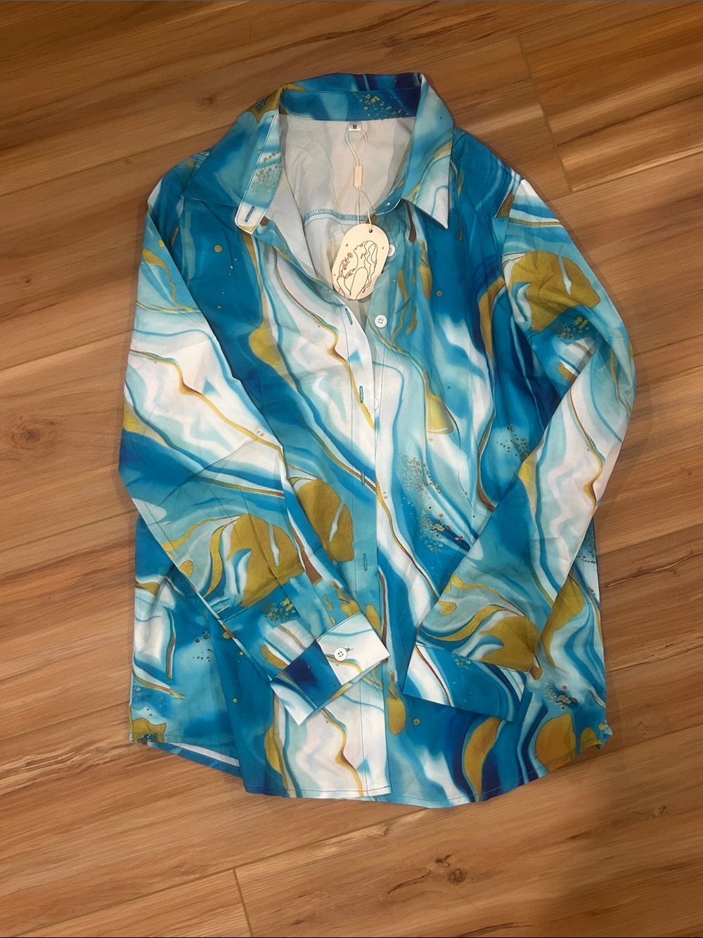 Women's Aqua Marble Print Button-Down Shirt